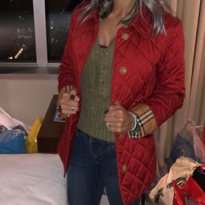 Burberry Red Quilted Jacket with Signature Check Cuffs